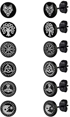 Bandmax 6 Paar Wikinger Ohrstecker Set Edelstahl Ohrstecker Ohrringe mit runder 10mm Platte Wikinger Ohrringset Kompass/Keltisches Dreieck/Thorshammer/Keltischer Wolfskopf Lebensbaum Mode Ohrschmuck