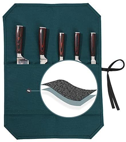 Kaaltisy Chef Knife Roll Bag, Heavy Duty 16oz Waxed Canvas Knife Storage Case, Knife Carrier Roll with Cut Resistant Fabric, 5 Slots Knife Bag with Tie Rope - Dark Green