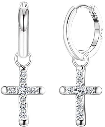 KRFY 925 Sterling Silber Kreuz Ohrringe für Damen Männer Zierliche CZ Huggie Hoop Ohrringe Iced Out Cross Dangle Ohrringe Lightweight Huggie Cuff Ohrringe 18K Gold/Silber