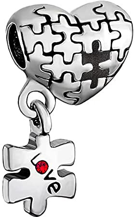 Women Jewellery Autism Awareness Jigsaw Puzzle Love Heart Dangle Charm Compatible with Pandora Bracelets Red CZ Support