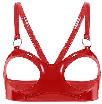 iiniim Women's Hollow Out Open Nipples Bra Lingerie Patent Leather Bra Tops Everyday Bra Clubwear 2# Red XL