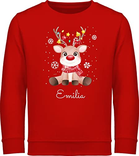 Sweater Kinder Sweatshirt Jungen Mädchen Pullover - Geschenke - Süßes Rentier mit Name Wunschtext I Geschenk Rentier Weihnachten I Rudolph Reindeer Rudolf - 152 (12/13 Jahre) - Rot - rentierpulli