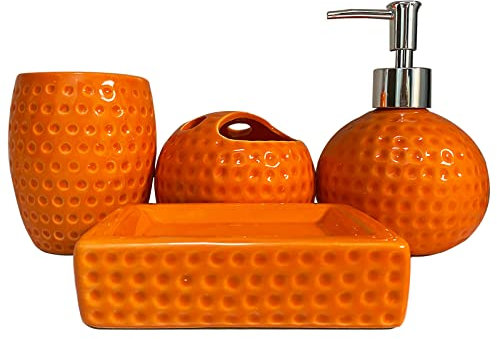 Juego de Accesorios de baño Naranja, 4 Piezas de Accesorios de decoración de baño de cerámica, Incluye dispensador de jabón de baño, Juego de Soporte para Cepillo de Dientes, Vaso, jabonera