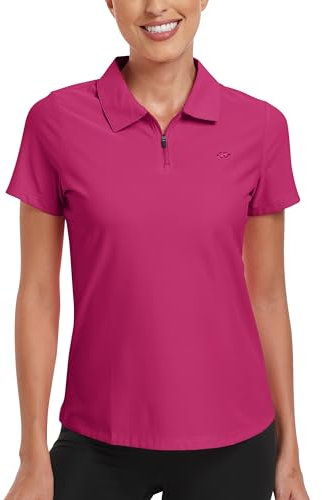 AjezMax Womens Short Sleeve Tennis Polo Shirt Zip Up Tee-Shirt Premium Sports Running Work Golf Polo T-Shirts Rose L