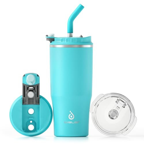 Ideus Isolierbecher 24oz (710ml), Doppelwandige Kaffeetasse Edelstahl Kaffeebecher Reisebecher mit auslaufsicherer Abdeckung und Stroh, geeignet für heiße und kalte Getränke (Himmelblau)