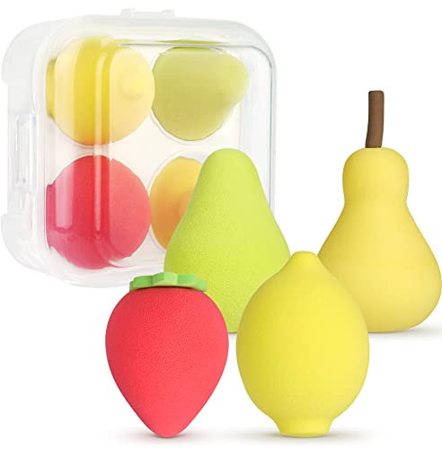 AUAUY 4PCS Maquillage Éponge, Maquillage Éponge à Fond de Teint Blender pour Beauty Forme de Fruits Éponge de Mélange de Fond de Teint sans Faille pour Crème et Poudre Liquides avec Boîte de Rangement