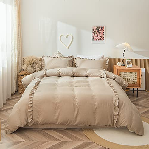 Sedefen Rüschen Bettwäsche Set 200 x 220cm 3teilig Kamelfarbe Unifarben Romantische Rüschenbettwäsche Rüschen Fransen Dekor Weich Mikrofaser Bettbezug Set mit Reißverschluss und 2 Kissenbezug 80x80cm