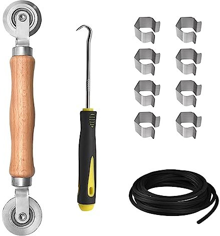 BAYTORY Kit de réparation d'écran de fenêtre en acier avec roulement, crochet de retrait de cannelure, cannelure de retenue de 9,8 m et 8 clips d'écran de rechange pour l'installation de moustiquaires