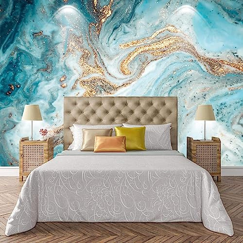 GIVLWF Papier Peint Panoramique de Texture D'encre Bleue, Art Abstrait De Marbre D'or Poster Murale Intissé - pour Chambre Salon Décoration Murale 450 x 315 cm