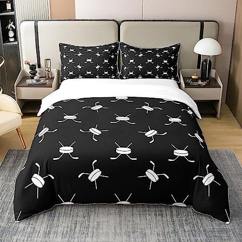 100% Bio Baumwolle Eishockey Tröster Abdeckung 135x200 Hockey Spieler Bettbezug für Kinder Teens Erwachsene Winter Eissport Bettwäsche Set Cartoon Eishockey Bettbezug Schwarz Weiß