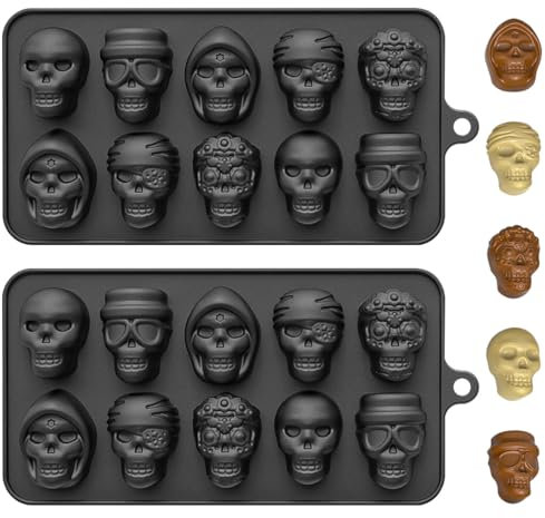 Moule Silicone Halloween, 2Pcs Moules Chocolat Tete de Mort, Moule à Gâteau Crâne, Molde de Cubitos de Hielo Silicona para Bombones 3D, Molde de Fondant, Reposteria Halloween