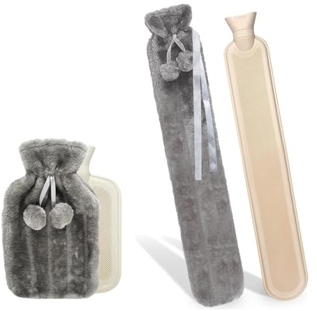 Crystals 2L Fluffy Hot Water Bottle with Cover, Hot Water Bag for Pain Relief, Two Pom Pom Cosy Faux Fur Warm Water Bottle - Slate Grey (Both)