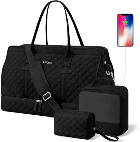 ETRONIK Weekender Übernachtungstasche für Frauen, große Reisetasche mit Schuhfach und Nasstasche, Handgepäcktasche, Turnbeutel mit Kulturbeutel, 3-teiliges Set, mittlere Größe, Schwarz-2