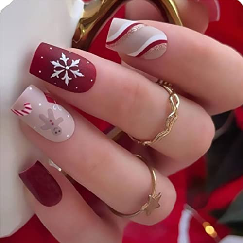 Prosy 24pcs Weihnachtsnägel - Kurze Quadratische Falsche Nägel Mit Rotem Elch, Wald, Schneeflocken, Schneemann, Goldfolie Und Glitter - Presse-On Nägel für Frauen Und Mädchen (A)