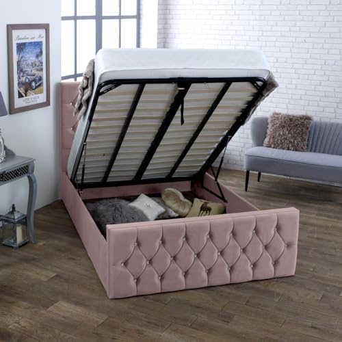 AuGold Beds Upholstered Orion 4FT Small Double Ottoman Bed – Pink Plush Velvet Small Double Bed Frame with Headboard, Footboard & Lift-Up Storage bed – Durable Modern Bed for Chic Bedrooms