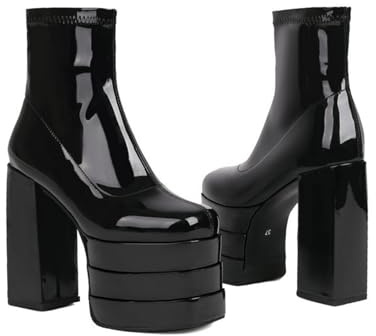 Stivaletti con Plateau con Tacco A Blocco da Donna Punta Quadrata Stivali Corti in Pelle Verniciata,Black Patent Leather,46 EU