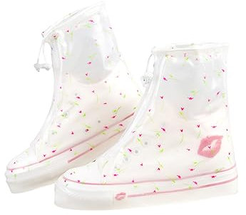 DIKACA Schuhe Decken PVC-Überschuhe Boxhandschuh-Pin schuhüberzieher Stiefelschutz Rutschfester Überschuh Drucken Schuhschutz Regenstiefelabdeckung Fräulein Weiß