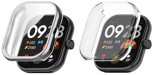 Kobmand 2pcs Funda Compatible con Xiaomi Redmi Watch 4 Funda Protectora, TPU Full Cover Película Protectora Funda Protectora para Xiaomi Redmi Watch 4 (Clear+Silver)