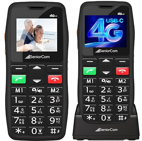 SeniorCom T2 Téléphone Portable - Mobile 4G Facile à Utiliser avec Bouton SOS, Batterie Longue Durée 1000mAh, Fixe sans Fil, 9 Jours en Veille, et Station de Charge Pratique, T2 4G