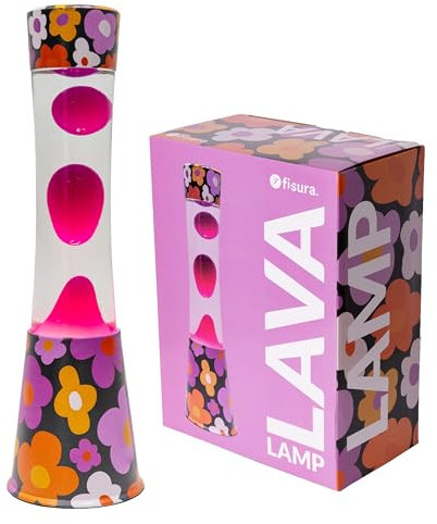 Fisura - Lampada lava fiori. Base con stampa floreale, liquido trasparente e lava viola. Effetto rilassante. Con lampadina di ricambio. 11 cm x 11 cm x 39,5 cm.
