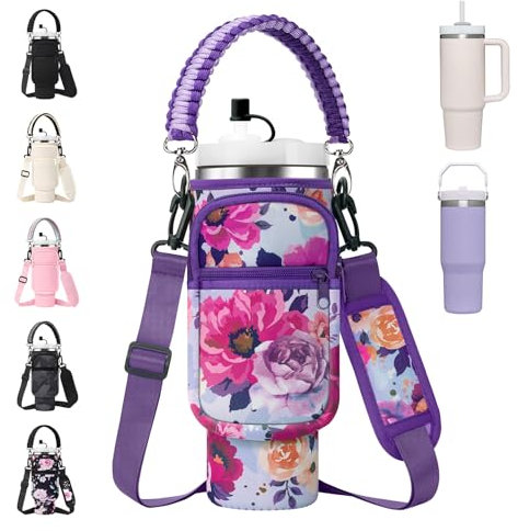 AceTreker 40 oz Stanley Tumbler Sleeve Bag with Paracord Handle & Straw Cap, Neoprene Vacuum Insulated Travel Mug Carrier Pouch with 2 Pockets & Shoulder Strap for Car Home Work-Purple Rose