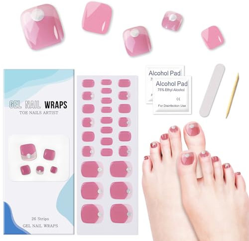 26Pcs Semi Cured Gel Toenail Strips, Self-Adhesive Toe Nail Polish Stickers Full Nail Wraps Pedicure Strips Salon Quality, Nail Art Decals for Women Girls Manicure DIY Nail Art (Tender Lady)
