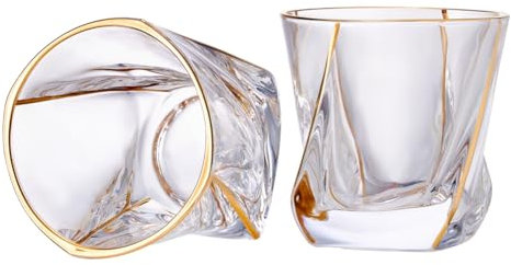 GLASKEY Set de 2 Verre à Whisky en Cristal avec Bord en Or 24K, Verres de Bar,Verre à whisky Torsadé Collection or pour le Bourbon, le Scotch et le Vin, Articles de Bar pour Hommes - 240ml