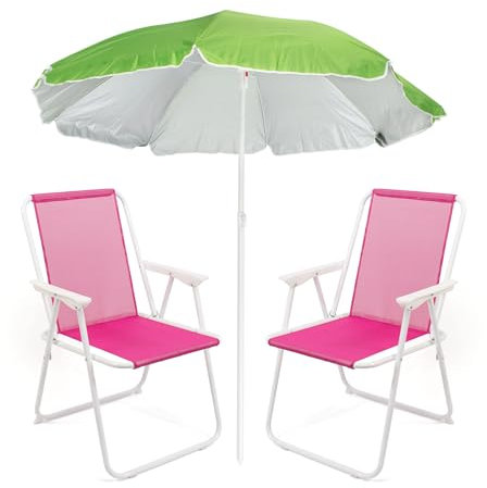 THE SECRET HOME - Pack de Sombrilla y Dos Sillas de Playa Plegables - Set Ideal para Playa y Piscina - Sombrilla y Sillas con Armazón de Aluminio y Revestimiento de Tela (Set 35)