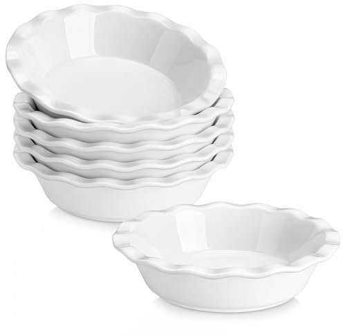 MALACASA Ceramic Mini Pie Dishes, Pie Pan for Baking 6.6 Inch,12 OZ Pie Plate Round Pie Dish for Baking Fluted Pie Dish Baking Pan, Non Stick Deep Pie Dishes for Quiche (Ivory White, 6PC)