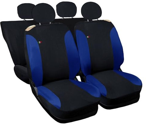 Auto Accessori Lupex Autositzbezüge kompatibel mit Cinquecento 500, hergestellt in Italien, Polyester-Baumwollgewebe, Set für Vorder- und Rückseite (Schwarz – Königsblau mit voller Rückenlehne)