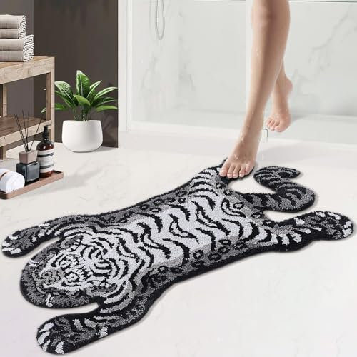 COMBLUE Badvorleger mit niedlichem Tiger, extra weich und saugfähig, Mikrofaser, flippig, cool, rutschfest, Plüsch, zotteliger Teppich für Schlafzimmer, Wohnzimmer, Dekoration, maschinenwaschbar, Grau