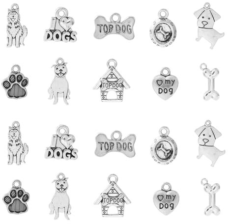 Ornazy 50 pcs 10 Styles Craft Supplies Antique Silver Dog Charms Dog Bone Paw Print Pet Charms for DIY Necklace Bracelet Jewellery Making Findings