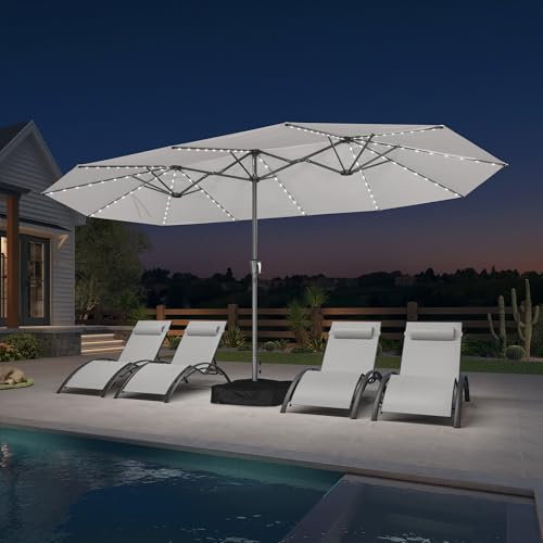 PURPLE LEAF Sombrilla de jardín exterior 455 x 270 cm de aluminio, gran sombrilla doble con LED y pie, para terraza, jardín, balcón y piscina, blanco, Modèle avec LED