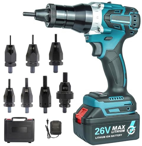 Cordless Rivet Nut Tool Set, Portable Automatic Rivet Gun with 26V Battery, Charger, Carrying Case, Electric Rivet Nut Gun for M3 M4 M5 M6 M8 M10 M12(5200mAh)