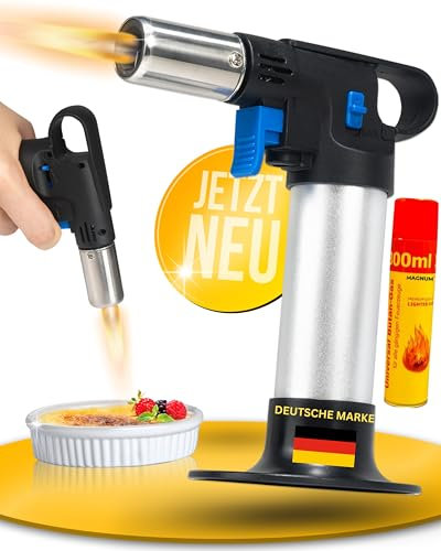 MAGNUM® Flambierbrenner [inkl. 300 ml Gas ] 1300 ∘C – Premium Creme Brulee Brenner, nachfüllbar mit Sicherung – Ideal zum Karamellisieren, Flambieren & Bräunen
