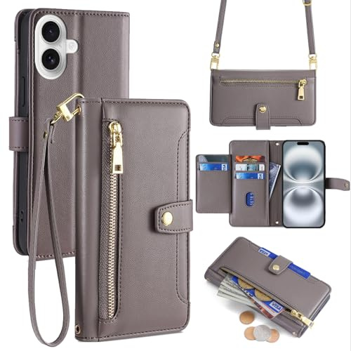 betterfon Hülle Kompatibel mit Apple iPhone 16 | Leder Handyhülle Praktische Handykette Kartenfächer Brieftasche Umhängetasche Kompatibel für iPhone 16 | Grau