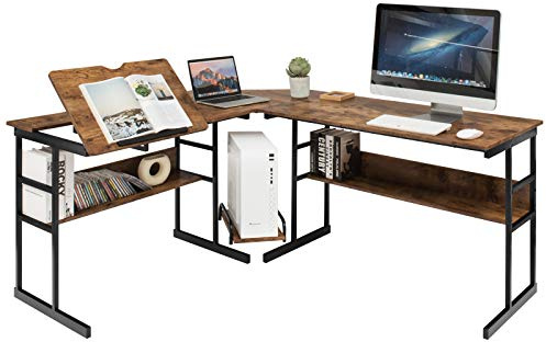 LIFEZEAL L-förmiger Schreibtisch, Computertisch mit kippbarer Platte, 2 Ablageflächen, CPU-Halter, Arbeitsplatz für Zuhause, Büro (Rustikales Braun)