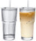 Wieat Glass Tumblers, 2Pcs Ribbed Tumblers with Lids and Glass Straws, Drinking Jars, Leakproof Cups for Iced Coffee, Cocktail, Tea, Smoothie (550ML)