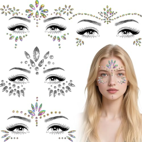 Glitzersteine Selbstklebend Gesicht, 4 Stück Strasssteine Gesicht, Juwelen Kristalle Edelsteine Temporäre Tattoos, Festival Glitzer Gesicht, Klebesteine Gesicht für Karneval Schminke Party Make-up