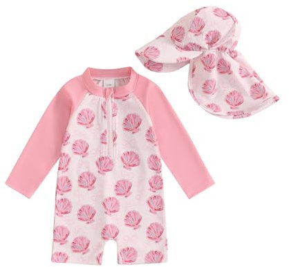 Beauace Baby Badeanzug mit Sonnenhut Langarm UV Schutz Badebekleidung Für Baby-Mädchen Reißverschluss Strand Schwimmanzug (Rosa, 6-12 Months)