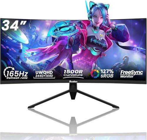 Sealan 34 Inch Curved Monitor 4K FHD 3440 x 1440p 165Hz 1500R Screen 99% sRGB Home Office Gaming Computer Monitor Sync Visual Experience for Work & Play Support Wall Mount Install