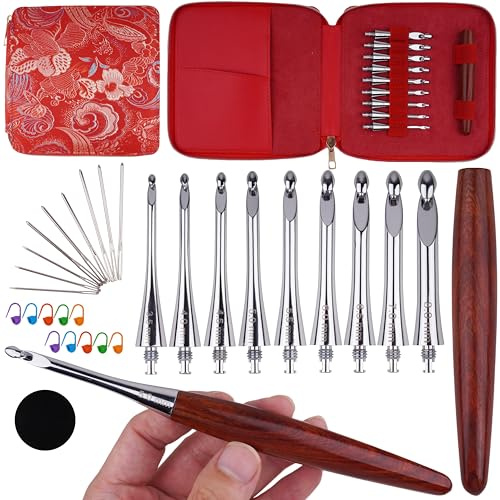 Austauschbares ergonomisches Häkelnadel-Set, Inline-Anfänger-Häkelnadel-Set, glatter Griff, Holzgriff mit rotem Etui für arthritische Hände, 9 Größen, 3,5 mm - 8 mm