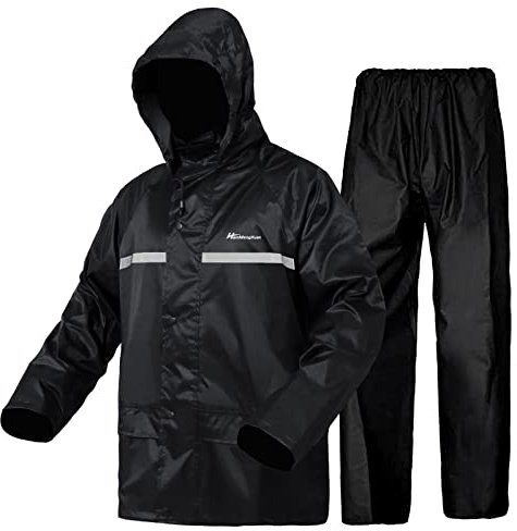 QUANYONG Waterproof Rainsuit for Men - High-Visibility Set with Windproof Hooded Jacket & Trousers for Hiking, Camping, Fishing & Commuting (Black, 3XL)