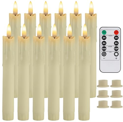 Teynewer LED Taper Candles, Battery Operated Flameless Drip Wax, Pack of 12 | Ivory LED Candle Lights, 10-Key Remote, Warm White Flickering Effect, Decor for Home Dinner and Christmas, 0.78 x 6.69 Inch
