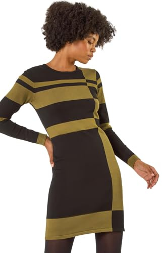 Roman Knitted Jumper Dress for Women UK - Ladies Colour Block Winter Autumn Smart Casual Office Bodycon Workwear Everyday Long Sleeve Knee Length Knit Pocket - Khaki - Size 12