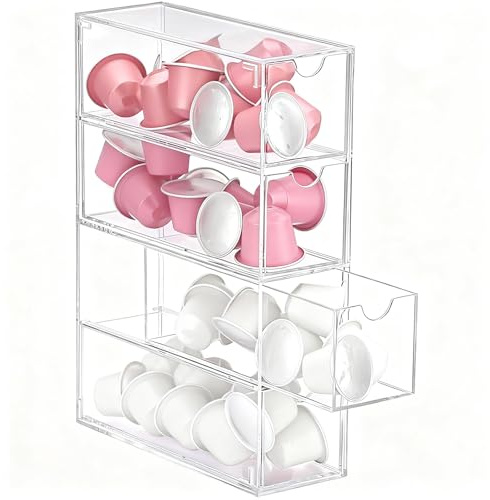 CRCFSUK 1Pcs Acrylic Coffee Pod Storage Organiser with 4 Drawers - Transparent Holder for Nespresso Vertuo/Original, Dolce Gusto & K-Cups - 24.7x17.6x6.6cm Stackable Drawer Box
