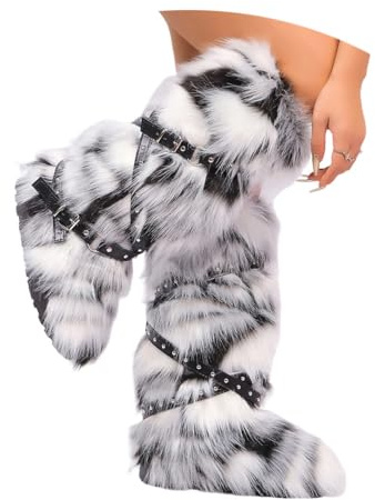 ORANDESIGNE Femme Bottine en Peluche Fourrure Hiver Bottes de Neige Plate Bottines Fourrées Y2K avec Boucle de Ceinture A Noir Blanc 39 EU