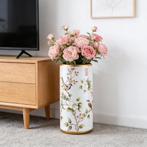 Cxllisionary Luxury Ceramic Umbrella Stand White Painted Vase Planter With Floral Design 17 Inch Tall Walking Stick Holder, Multi-Functional Entryway Decor, Waterproof Organizer For Home & Office
