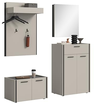 xonox.home – 4-TLG. Garderobenkombiation Emil 165x190x40 cm in Kaschmir Melamin und schwarzen Akzenten – große Garderobenkombination im modernen Flur