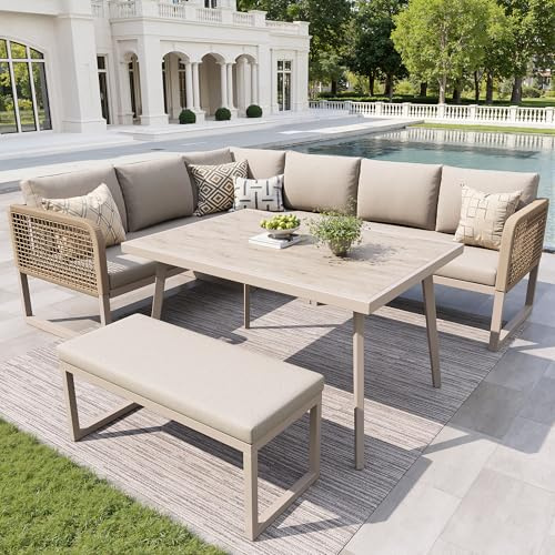 YuQozii Gartenmöbel Set mit Hochwertigen Sitzkissen & Rückenkissen, Garten Loungesessel für 6-8 Personen, SetHandgeflochtene PE-Rattan Polstergruppe, Wetterfestes Terrassen Sofa Set (Beige)